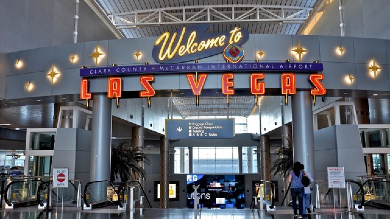 Entrance to Las Vegas with a bright welcome sign.